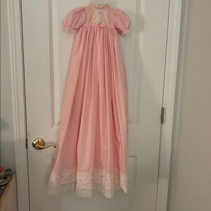 Vintage Pink White Lace Rosette Puff Sleeve Victorian Christening Gown.